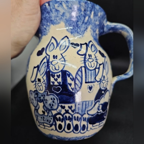 Vtg Spongeware Pottery Bunny Pitcher Signed CMP Pottery Spring Decor - Picture 2 of 8